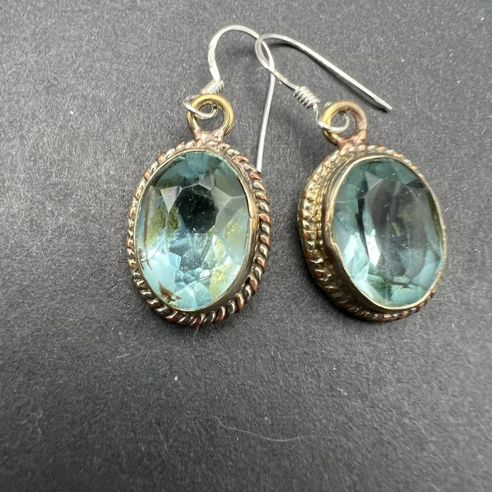 Womens Dangle Earrings Blue‎ Faceted Glass Mixed Metal Vintage Boho Artisanal